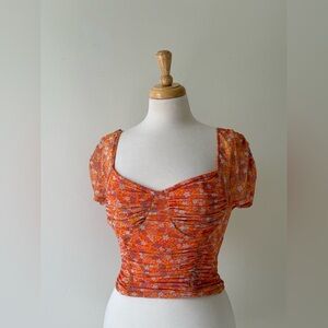 Steve Madden Floral Ruched Puff Sleeve Crop Top – Orange Pink (Size S)